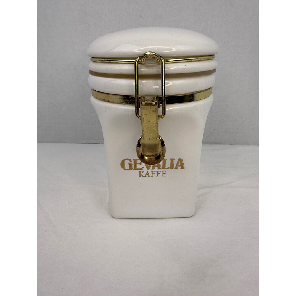 Vintage‎ Gevalia White Ceramic Coffee Canister Swedish Royal Crest Gold Flip Top